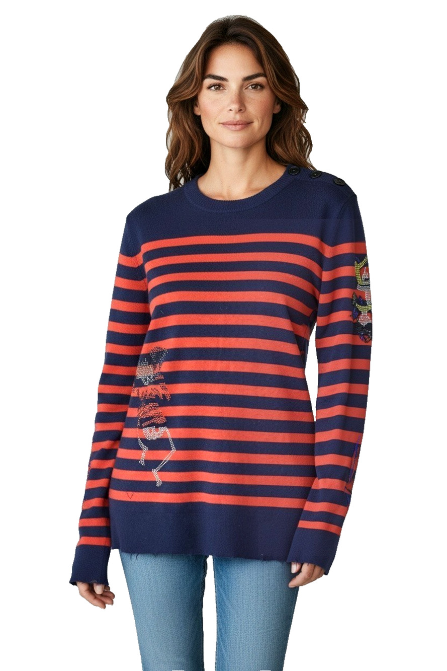 B8 Auth ZADIG & VOLTAIRE Dally Bis Navy Red Cashmere Stripe Crystal Sweater Sz L